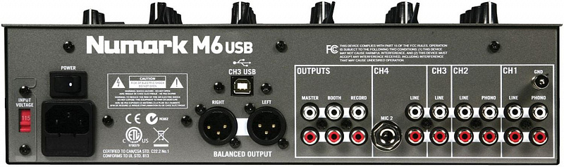 NUMARK M6USB, 4-канальный компактный настольный микшер входы: 2 микрофонных, 2 phono, 4 линейных. USB-интерфейс в магазине Music-Hummer