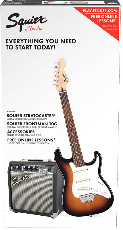 Фото Электрогитара в комплекте FENDER SQUIER Stratocaster Pack Brown Sunburst, Gig Bag, Frontman 10G