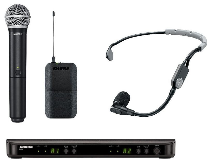 Фото SHURE BLX1288E/SM35 M17 662-686 MHz двухканальная радиосистема с головным микрофоном SM35 и ручным передатчиком SM58